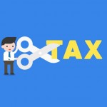 vector businessman holding scissors to cut tax alphabet cost reduction concept
